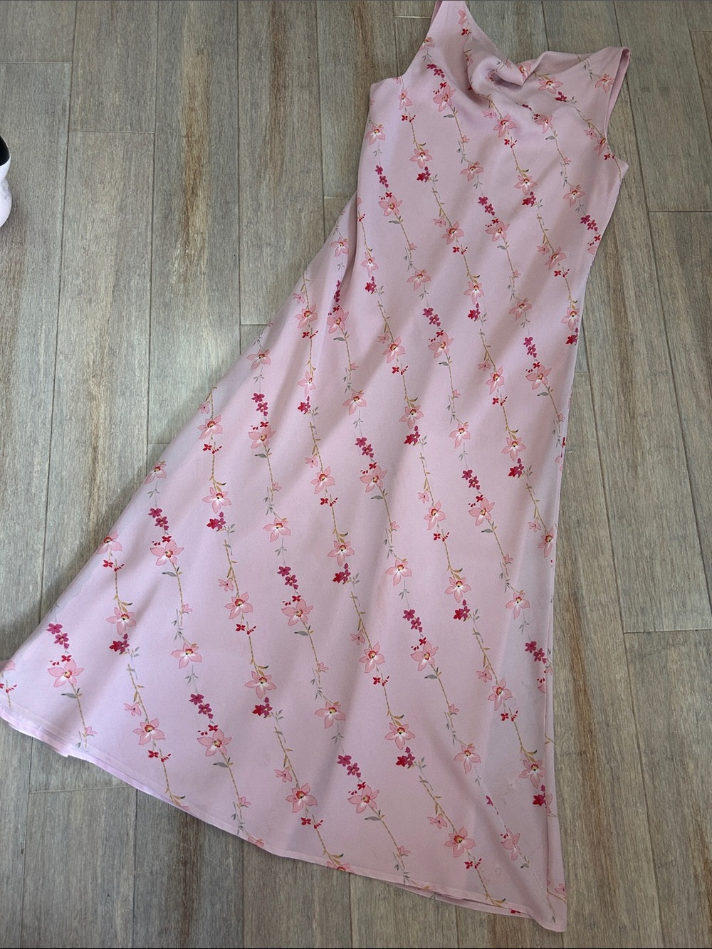 VTG  Pink Floral Slip Maxi dress draped cowl neckline diagonal floral pattern